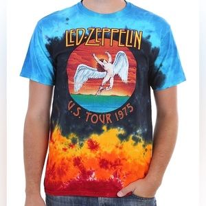Tie Dye Led Zeppelin 1975 Official Band Graphic Printed Short Sleeve Tee Shirt
